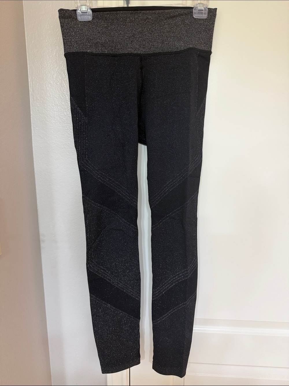 Athleta Black Sparkle Leggings with Gray Waistband